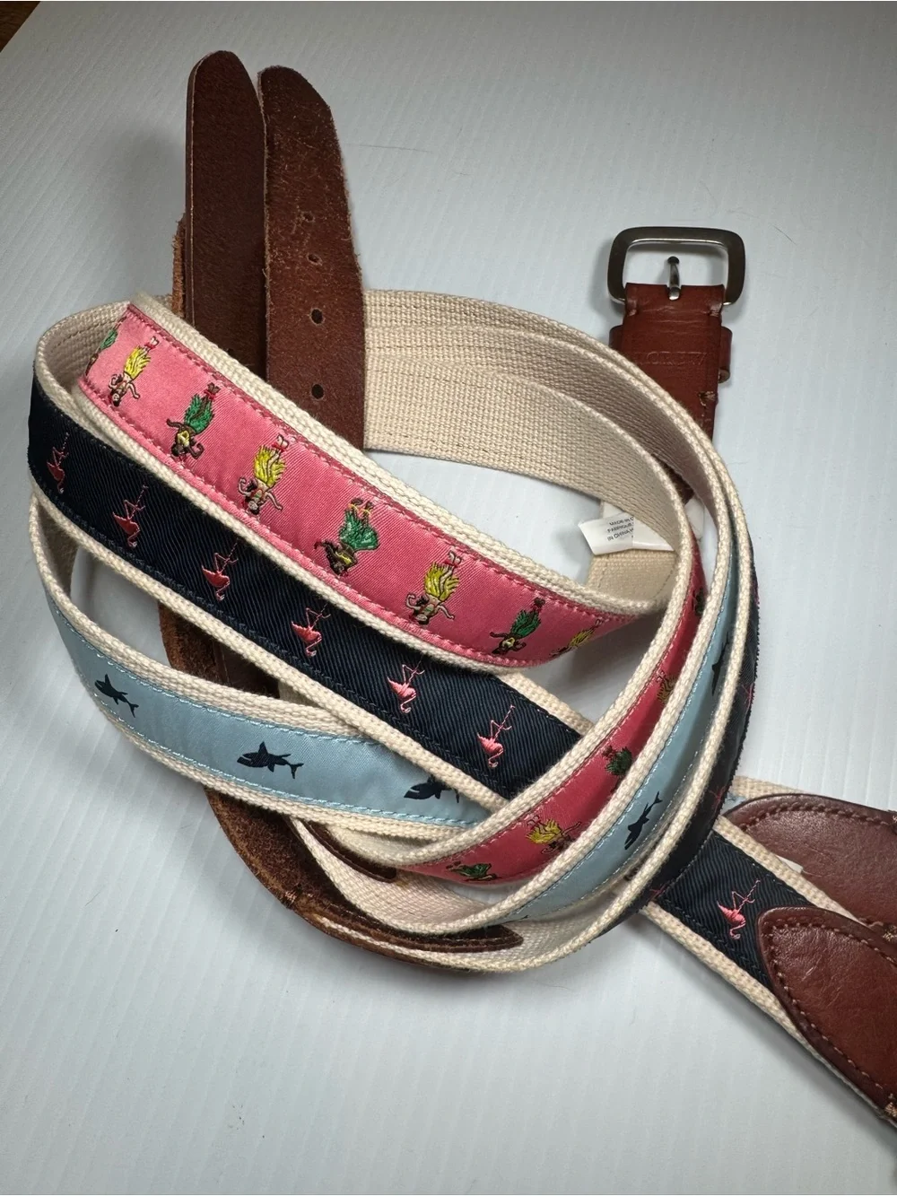 32” waist: 3 Embroidered J Crew Canvas Belts - Hula, Flamingo, Shark Motifs